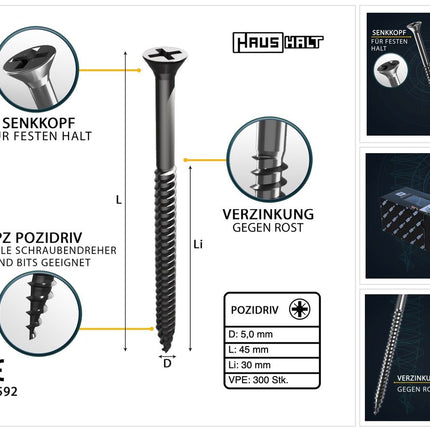 HausHalt Universal Holzbauschraube Holzschraube 5,0 x 45 mm PZ2 300 Stk. ( 000051371196 ) silber verzinkt Kreuzschlitz Pozidriv Senkkopf Teilgewinde - Toolbrothers