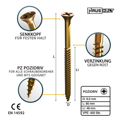 HausHalt Universal Holzbauschraube Holzschraube 6,0 x 80 mm PZ3 400 Stk. ( 2x 000051371233 ) gelb verzinkt Kreuzschlitz Pozidriv Senkkopf Teilgewinde - Toolbrothers