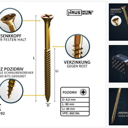 HausHalt Universal Holzbauschraube Holzschraube 6,0 x 80 mm PZ3 800 Stk. ( 4x 000051371233 ) gelb verzinkt Kreuzschlitz Pozidriv Senkkopf Vollgewinde - Toolbrothers
