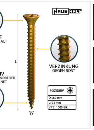 HausHalt Universal Holzbauschraube Holzschraube 3,0 x 35 mm PZ1 1000 Stk. ( 2x 000051371128 ) gelb verzinkt Kreuzschlitz Pozidriv Senkkopf Vollgewinde - Toolbrothers