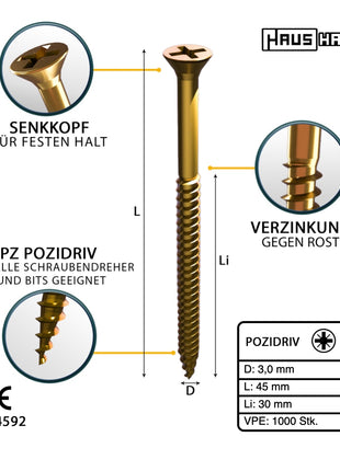 HausHalt Universal Holzbauschraube Holzschraube 3,0 x 45 mm PZ1 1000 Stk. ( 2x 000051371129 ) gelb verzinkt Kreuzschlitz Pozidriv Senkkopf Teilgewinde - Toolbrothers