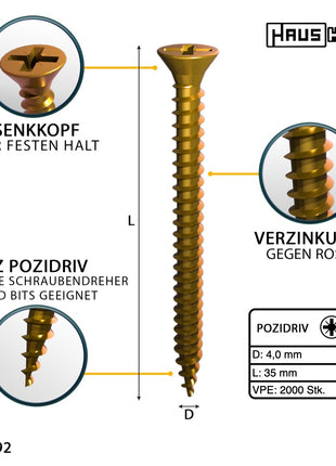 HausHalt Vis universelle pour la construction en bois Vis à bois 4,0 x 35 mm PZ2 2000 pièces (4x 000051371145) galvanisé jaune fente cruciforme Pozidriv tête fraisée filetage complet