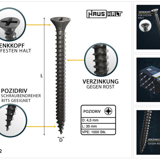 HausHalt Universal Holzbauschraube Holzschraube 4,5 x 35 mm PZ2 1000 Stk. ( 2x 000051371164 ) silber verzinkt Kreuzschlitz Pozidriv Senkkopf Vollgewinde - Toolbrothers