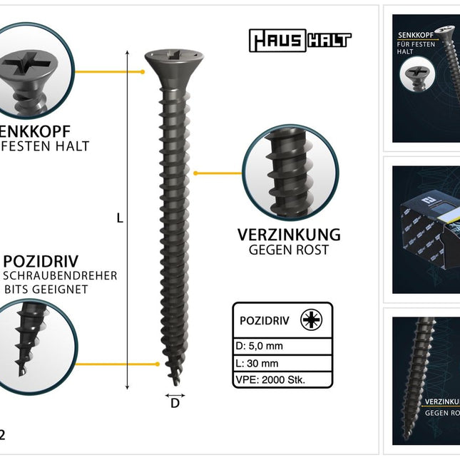 HausHalt Universal Holzbauschraube Holzschraube 5,0 x 30 mm PZ2 2000 Stk. ( 4x 000051371189 ) silber verzinkt Kreuzschlitz Pozidriv Senkkopf Vollgewinde - Toolbrothers