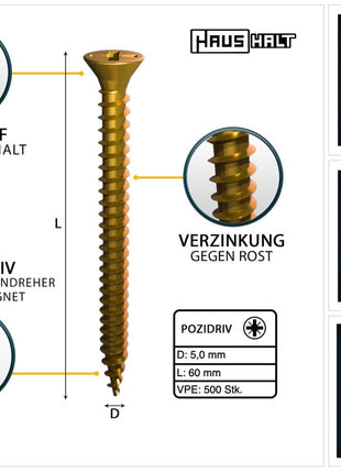 HausHalt Universal Holzbauschraube Holzschraube 5,0 x 60 mm PZ2 500 Stk. ( 2x 000051371202 ) gelb verzinkt Kreuzschlitz Pozidriv Senkkopf Vollgewinde