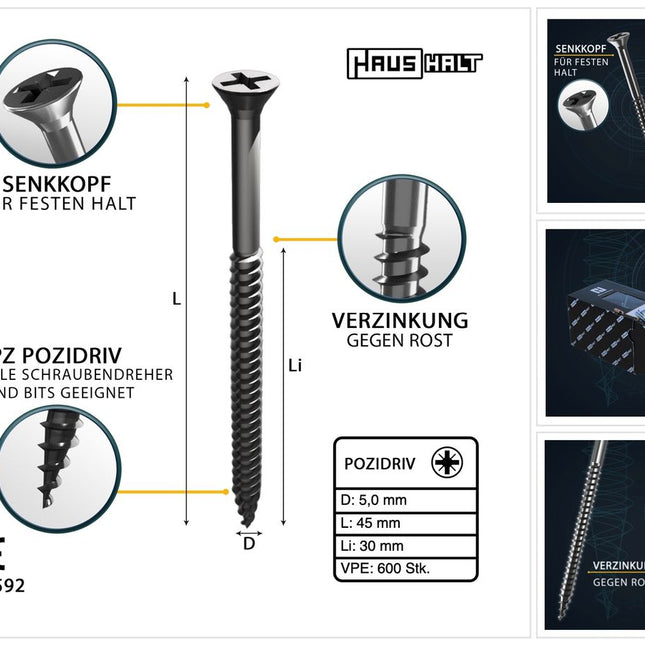 HausHalt Universal Holzbauschraube Holzschraube 5,0 x 45 mm PZ2 600 Stk. ( 2x 000051371196 ) silber verzinkt Kreuzschlitz Pozidriv Senkkopf Teilgewinde - Toolbrothers