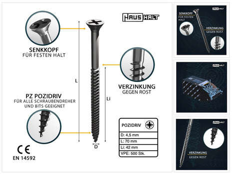 HausHalt Universal Holzbauschraube Holzschraube 4,5 x 70 mm PZ2 500 Stk. ( 2x 000051371177 ) silber verzinkt Kreuzschlitz Pozidriv Senkkopf Teilgewinde - Toolbrothers