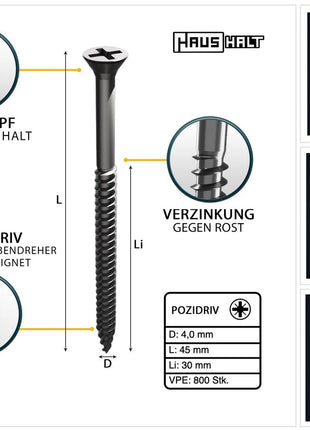 HausHalt Universal Holzbauschraube Holzschraube 4,0 x 45 mm PZ2 800 Stk. ( 2x 000051371117 ) silber verzinkt Kreuzschlitz Pozidriv Senkkopf Teilgewinde - Toolbrothers