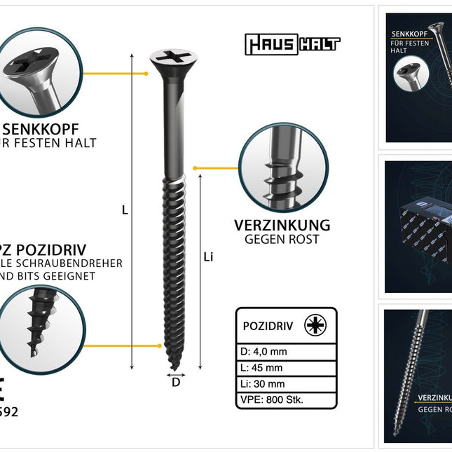 HausHalt Universal Holzbauschraube Holzschraube 4,0 x 45 mm PZ2 800 Stk. ( 2x 000051371117 ) silber verzinkt Kreuzschlitz Pozidriv Senkkopf Teilgewinde - Toolbrothers