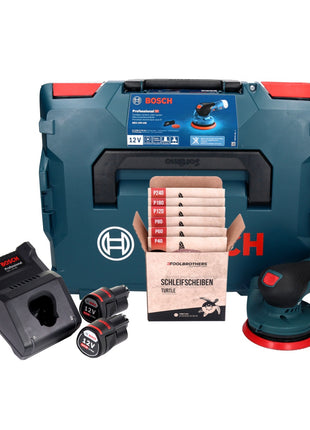 Lijadora excéntrica a batería Bosch GEX 12V-125 Professional 12 V 125 mm sin escobillas + 2x baterías 3,0 Ah + cargador + set de lijado Toolbrothers TURTLE + L-Boxx