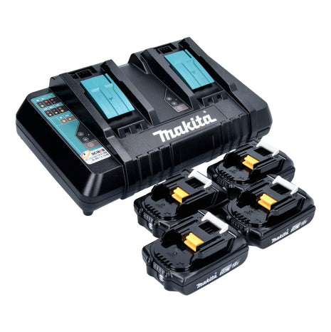 Kit de fuente de alimentación Makita 18 V con 4 baterías BL 1820 B 2.0 Ah (4x 197254-9) + cargador rápido doble DC 18 RD (196933-6)