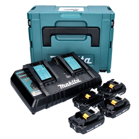 Kit de fuente de alimentación Makita 18 V con 4x baterías BL 1820 B 2.0 Ah (4x 197254-9) + cargador rápido doble DC 18 RD (196933-6) + Makpac