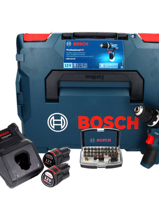 Bosch GSB 12V-35 Professional Akku Schlagbohrschrauber 12 V 35 Nm Brushless + 2x Akku 3,0 Ah + Ladegerät + 32 tlg. Bitset + L-Boxx