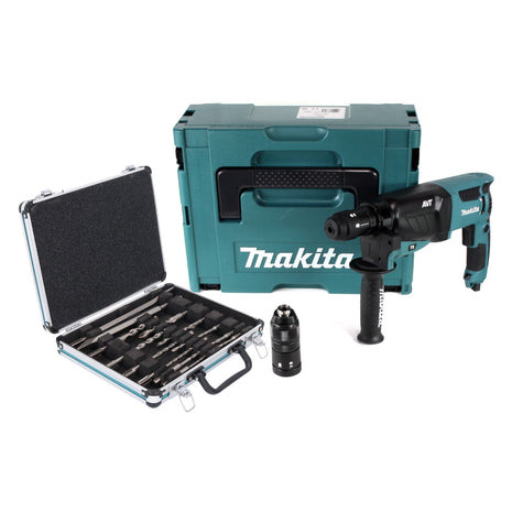 Makita HR 2631 FTJ martillo combinado 800 W 2,4 J SDS Plus + portabrocas sin llave + juego de taladro y cincel de 13 piezas + Makpac