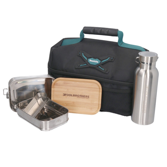 Toolbrothers Lunchpaket mit Makita Isoliertasche + Toolbrothers Fan Edelstahl Brotdose mit 2 Etagen und Bambus Decke 1340 ml + Edelstahl Trinkflasche 500 ml - Toolbrothers