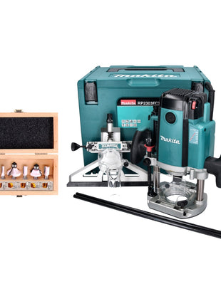 Makita RP 2303 FCXJ Oberfräse 2100 Watt 70 mm Hub + Anschlag + 6 tlg. Fräser Set + Makpac