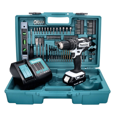 Makita DHP 482 SAX5W Akku Schlagbohrschrauber weiß 18 V 62 Nm + 1x Akku 2,0 Ah + Ladegerät + 101 tlg. Zubehör Set + Koffer