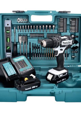 Makita DHP 482 SA2X5W Akku Schlagbohrschrauber weiß 18 V 62 Nm + 2x Akku 2,0 Ah + Ladegerät + 101 tlg. Zubehör Set + Koffer