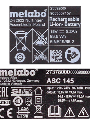 Metabo Akku Basis Set 18V mit 2x Akku 5,2Ah + Ladegerät ASC 145 ( 685051380 )