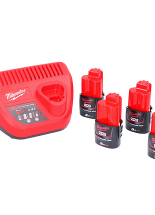 Milwaukee M12 NRG-304 Akku Starter Set 4x 12 V 3,0 Ah / 3000 mAh Li-Ion Akku ( 4x 4932451388 ) + M12-C12C Ladegerät ( 4932352000 )