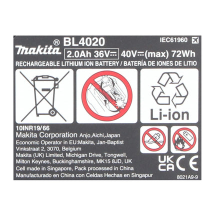 Makita Akku Set 4x BL 4020 Li-Ion Akku 40 V max. 2,0 Ah XGT ( 4x 191L29-0 ) IP64 Schutzklasse mit LED Anzeige