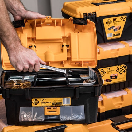 FORTE Tools Toolbox in 16,5x13,6x32 cm, Werkzeugkoffer, Koffer mit Metall-Laschen und internen Organizer, herausnehmbar, abschließbar ( 000051144545 ) - Toolbrothers