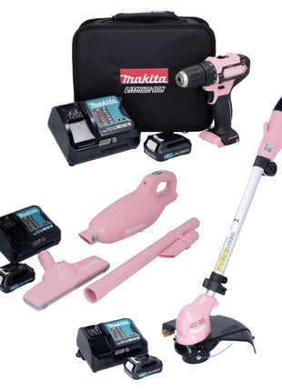 Makita Pink Lady Edition Set 12 V DF 333 DSAP1 Akku Bohrschrauber + CL 108 FDSAP Staubsauger + UR 100 DSAP Rasentrimmer + 3x Akku 2,0 Ah + 3x Ladegerät