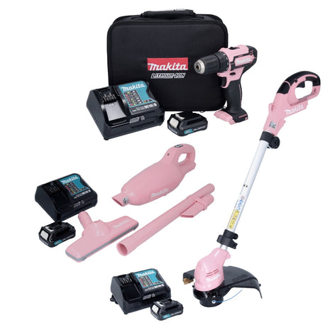 Makita Pink Lady Edition Set taladro inalámbrico 12 V DF 333 DSAP1 + aspirador CL 108 FDSAP + cortacésped UR 100 DSAP + 3x baterías 2,0 Ah + 3x cargador