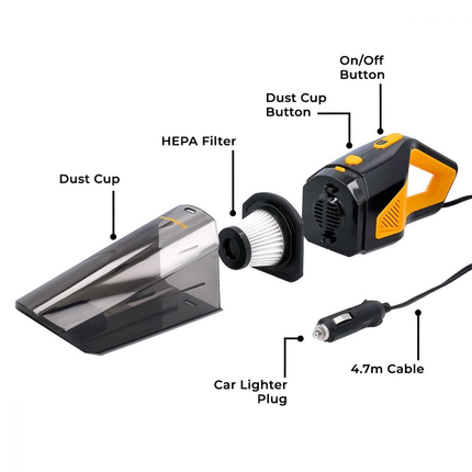 TOUGH MASTER Kabelgebundener Auto-Handstaubsauger 90 Watt, 12V, 5 Aufsätze, Schlauch, Anschlüsse, Bürste, mit auswaschbarem HEPA-Filter (TM-CVC105) - Toolbrothers