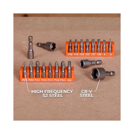 51-częściowy zestaw wierteł i końcówek wkrętakowych WellCut wykonanych ze stali HSS, z magnetycznym uchwytem na końcówki i przenośną walizką do przechowywania (WC-DB51U)