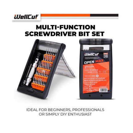 Precyzyjny, wielofunkcyjny zestaw końcówek wkrętakowych WellCut z przedłużką 60 mm i aluminiową rękojeścią 94 mm, 38-częściowy ( WC-MPS38U )