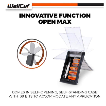 Precyzyjny, wielofunkcyjny zestaw końcówek wkrętakowych WellCut z przedłużką 60 mm i aluminiową rękojeścią 94 mm, 38-częściowy ( WC-MPS38U )