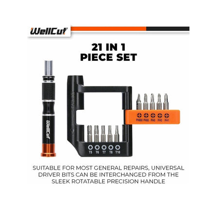 Precyzyjny, wielofunkcyjny zestaw końcówek wkrętakowych WellCut, wkrętak z antypoślizgowym uchwytem, 20 końcówek, pudełko do przechowywania, 21-częściowy ( WC-MPS21U )