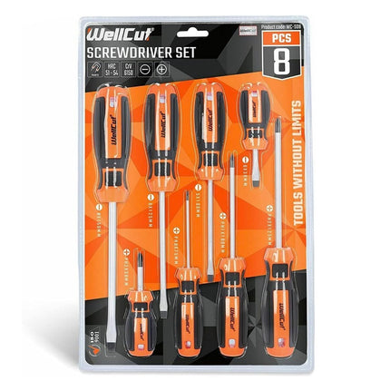 Zestaw wkrętaków magnetycznych WellCut, 8-częściowy, końcówka z rowkiem krzyżowym, stal chromowo-wanadowa, z miękkimi uchwytami ( WC-SD8 )