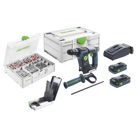 Festool BHC 18 HPC 4,0 I-Plus Akku Bohrhammer 18 V 25 Nm 1,8 J SDS Plus Brushless + 2x Akku 4,0 Ah + Ladegerät + 650 tlg. Schrauben und Dübel Sortiment + 7 tlg. Hammerbohrer SDS-Set + Systainer - Toolbrothers