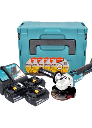 Makita DGA 504 RFJ3 Akku Winkelschleifer 18 V 125 mm Brushless + 3x Akku 3,0 Ah + Ladegerät + 5x Trennscheibe + Makpac