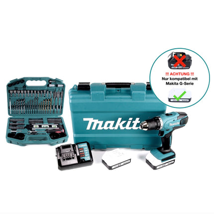 Makita DF 457 DWE 10 akumulatorowa wiertarko-wkrętarka 18 V 42 Nm seria G + 2x akumulator 1,5 Ah + ładowarka + 101-częściowy zestaw wierteł + walizka