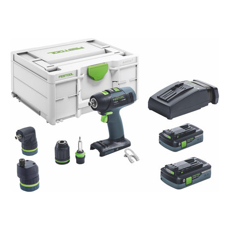 Festool T 18+3 HPC 4.0 I-Set taladro atornillador inalámbrico 18 V 50 Nm sin escobillas (576989) + 2 baterías 4,0 Ah + cargador + fijación excéntrica + fijación angular + systainer