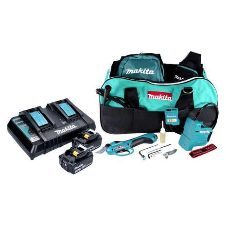 Makita DUP 361 PM Akku Rebschere Astschere 36 V ( 2x 18 V ) + 2x Akku 4,0 Ah + Doppelladegerät + Tasche