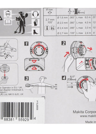 Makita głowica gwintowana Tap&amp;Go 2,0 mm 2 szt. ( 2x 191D91-7 ) do akumulatorowej podkaszarki do trawy 18 V DUR 187 i DUR 188