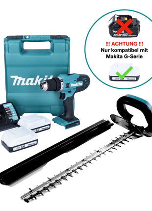 Makita DF 488 DWE Akku Bohrschrauber 18 V 42 Nm G-Serie + Makita UH 522 DZ Akku Heckenschere + 2x Akku 1,5 Ah + Ladegerät + Koffer - Toolbrothers