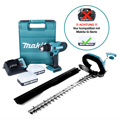 Makita DF 488 DWE Akku Bohrschrauber 18 V 42 Nm G-Serie + Makita UH 522 DZ Akku Heckenschere + 2x Akku 1,5 Ah + Ladegerät + Koffer - Toolbrothers