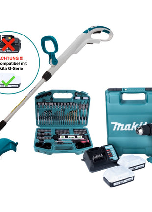 Makita DF488DWE10 Perceuse-visseuse sans fil 42 Nm 18V G-Serie + Makita UR180DZ Coupe-herbe sans fil + 2x Batteries 1,5 Ah + Chargeur + Set de forets et embouts (101 pcs.) + Coffret