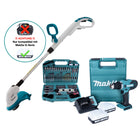 Makita DF488DWE10 Perceuse-visseuse sans fil 42 Nm 18V G-Serie + Makita UR180DZ Coupe-herbe sans fil + 2x Batteries 1,5 Ah + Chargeur + Set de forets et embouts (101 pcs.) + Coffret