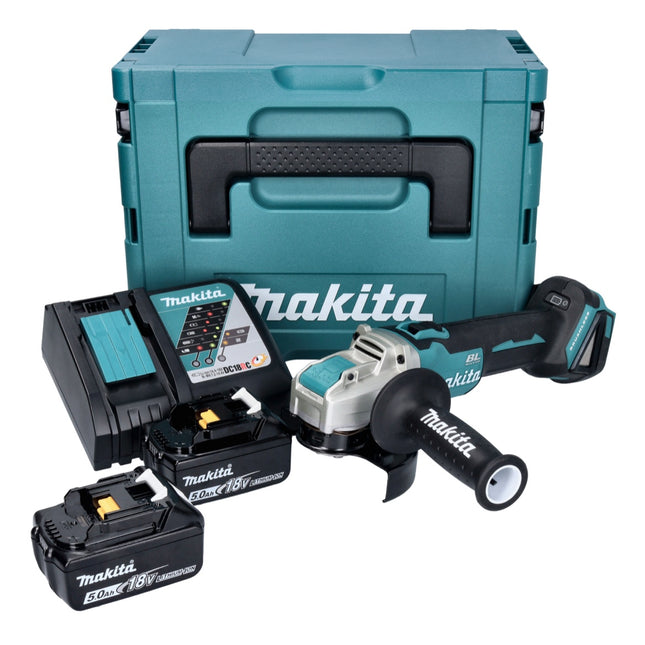 Makita DGA 521 RTX1J akumulatorowa szlifierka kątowa 18 V 125 mm X-LOCK Brushless + 2x akumulator 5,0 Ah + ładowarka + Makpac