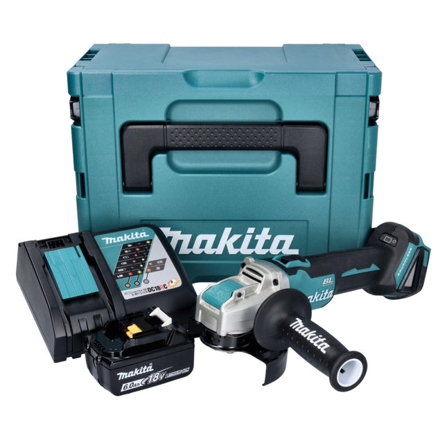 Makita DGA 521 RG1X1J akumulatorowa szlifierka kątowa 18 V 125 mm X-LOCK bezszczotkowa + 1x akumulator 6,0 Ah + ładowarka + Makpac