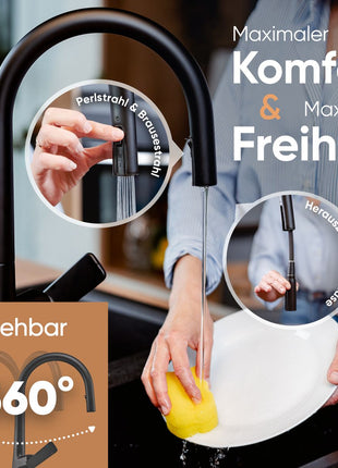 Rosenhahn & Söhne Sylt 100 Küchenarmatur mit Brause- 360° drehbarer Wasserhahn Küche - Armatur Küche [schwarz] - 2-fach verstellbare Spültischarmatur - Brause & Strahl - Anschlussschläuche - Toolbrothers