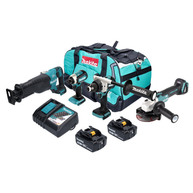 Makita DLX 4157 TX1 Zestaw akumulatorowy 18 V DDF 486 + DGA 504 + DJR 187 + DTD 153 + 2x akumulator 5,0 Ah + ładowarka + torba