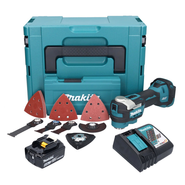 Akumulatorowe narzędzie wielofunkcyjne Makita DTM 52 RG1JX4 18 V Starlock Max Brushless + 1x akumulator 6,0 Ah + ładowarka + zestaw akcesoriów + Makpac