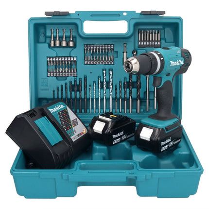 Makita DHP 453 RTX1 Akku Schlagbohrschrauber 18 V 42 Nm + 2x Akku 5,0 Ah + Ladegerät + 74 tlg. Zubehörset + Koffer